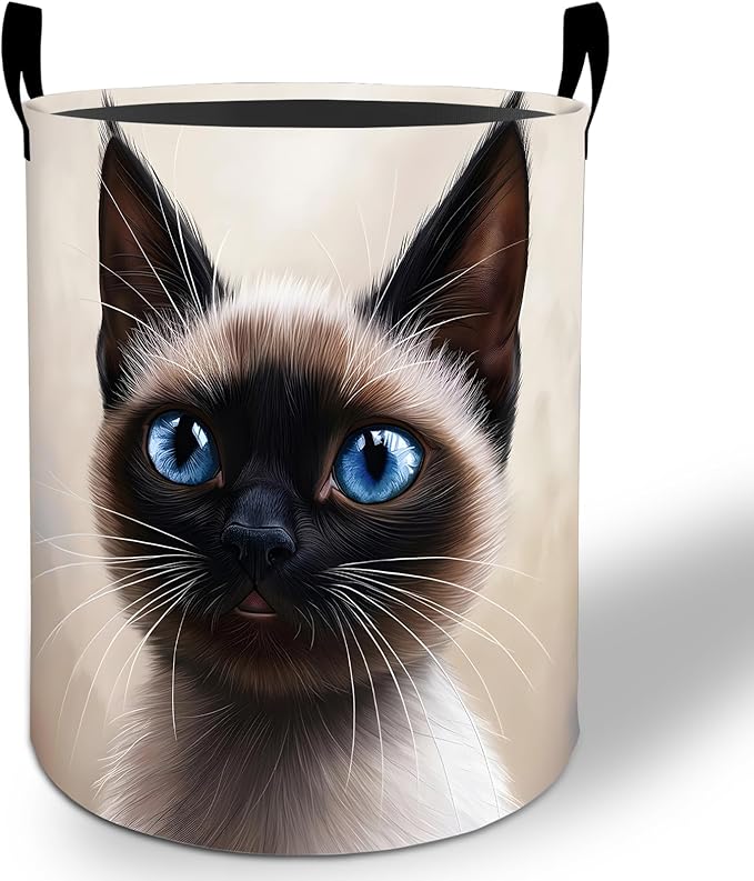 Siamese Cat Laundry Basket Hamper 19.7"x15.8", Cute Kitty Foldable Waterproof Oxford Clothes Storage Bucket for Room Bathroom Bedroom Nursery Decor, Toy Organizer Bins Gifts for Kids Boys Girls