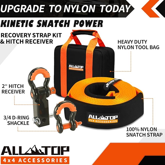 ALL-TOP Nylon Recovery Kit with Hitch Receiver: 3" x 30' (35,000lbs) 100% Nylon Snatch Strap + 2" Shackle Hitch Receiver + 3/4 HD Shackles (2pcs) with Isolator + Storage Bag