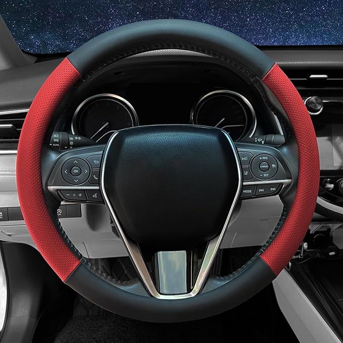 Steering Wheel Cover Standard Size 14.5-15 inch, Non-Slip Car Wheel Cover Protector, Breathable Microfiber Leather, Black and Red