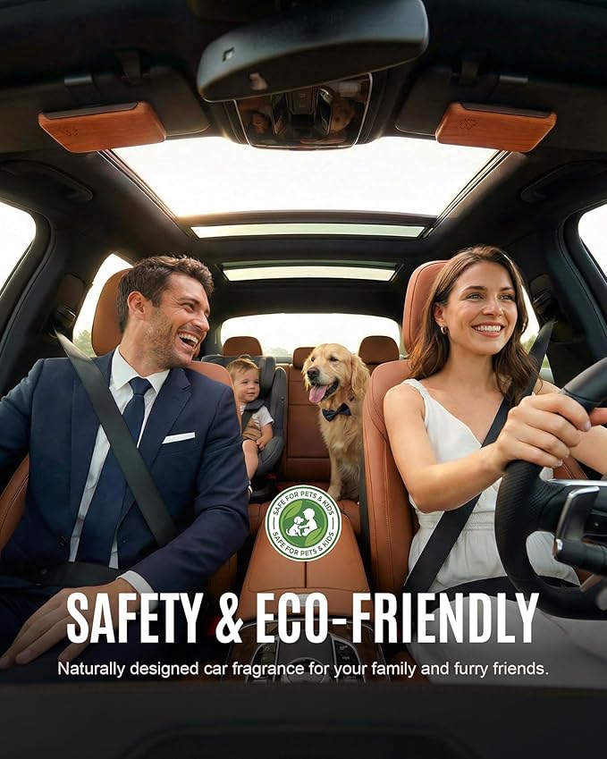 Natural Wooden Car Air Freshener for Visor Clip- Natural Teak/Coconut/Amber Scents, Long-Lasting Odor Eliminator with Metal Clip, 3 Refillable Wood Chips for Cars/Trucks/SUVs (pale yellowish beige)