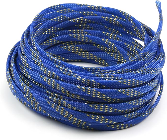 Aicosineg 32.81ft PET Flexible Braided Cable Sleeve 0.25inch Width Wire Loom Sleeving and Organizer Flexible Wire Mesh Sleeve Wrap Protector for TV Audio PC Cords from Pets Chewing Blue and Gold