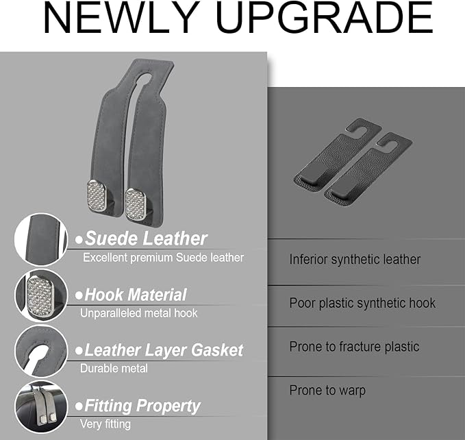 Purse and Bag Hook for Car, Zinc Alloy Seat Headrest Hooks, Upgraded Leather Cute Car Seat Back Purses Hanger and Bags Holder (Grey Diamond, 2Pack)