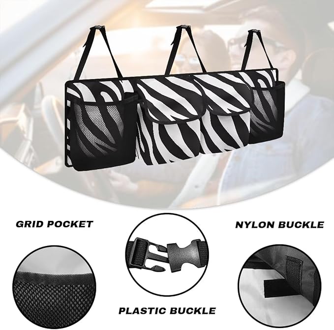 Zebra Print Car Trunk Organizer Hanging Car Backseat Storage Bag Waterproof Collapsible Cargo Bag with 4 Pouches Trunk Storage and Decorative Accessories