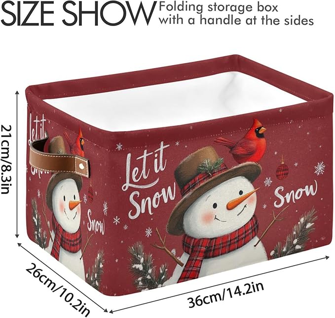 Winter Snowman Cardinal Birds Storage Basket with Waterproof Liner and PU Handles Let It Snow Christmas Red Storage Bins Boxes 14.2" Collapsible Decorative Baskets for Bedroom Closet Office 1 Pack