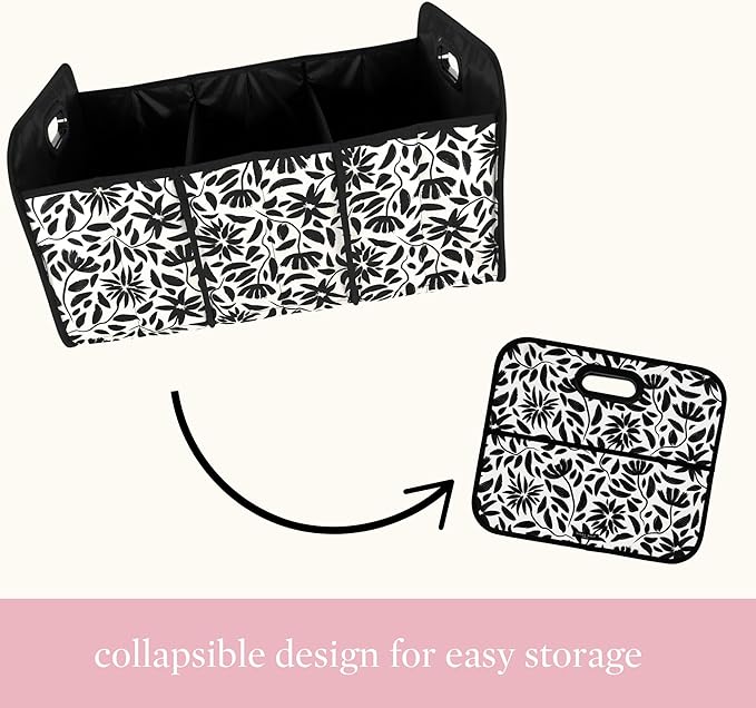 Steel Mill & Co Car Storage Bin, Car Accessories for Women, Cute Diaper Caddy/Trash/Grocery Tote for Vehicle, Trunk Organizer with Compartments, Hand Drawn Black Floral