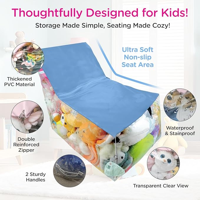Stuffed Animal Storage Chair – Clear Bean Bag for Stuffed Animals, Toy Organizer Seat with PVC Window & Non-Slip Base for Kids Playroom (Blue)