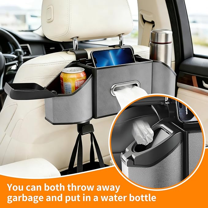 7-in-1 Multifunctional Car Seat Back Organizer, Car Back Seat Storage Box Trash Can & Cup Holder with Tissue Box, Hooks, Universal Fit for Most Cars, SUVs, Trucks (Grey)