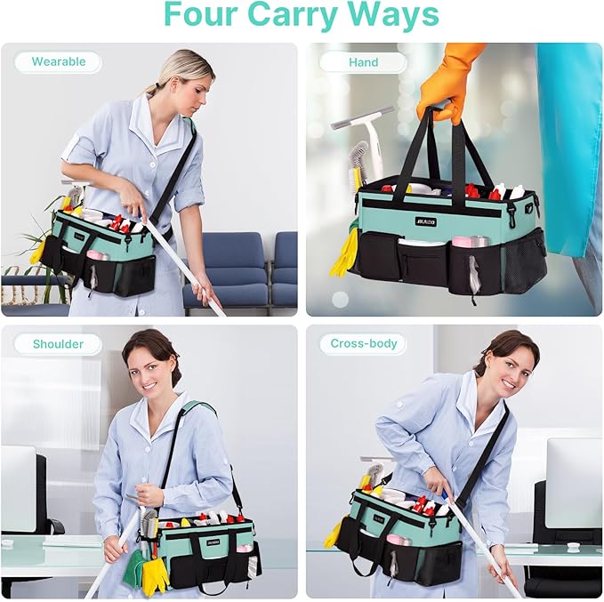Large Wearable Cleaning Caddy Bags, Cleaning Supplies Storage Bag with Handles and Adjustable Shoulder Strap and Removable Waist Straps,Waterproof Cleaning Tote for Home,Car,Office