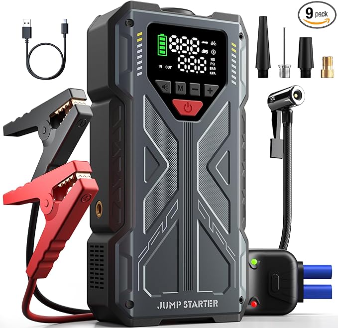 Car Battery Jump Starter with Air Compressor Portable, 150PSI 4000A Jump Starter Jumper Box for Car Battery Portable Jumper Cables(9.0 Gas/8.0L Diesel), Power Pack with Light, Compact Emergency Kit