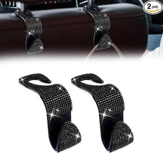 deemars 2 Pack Car Seat Headrest Hook, Bling Car Hooks Front Seat, Back Seat Organizer Hanger Storage Hook Car Purse Hook for Bags, Clothes, Coats, Grocery Bags (Black)