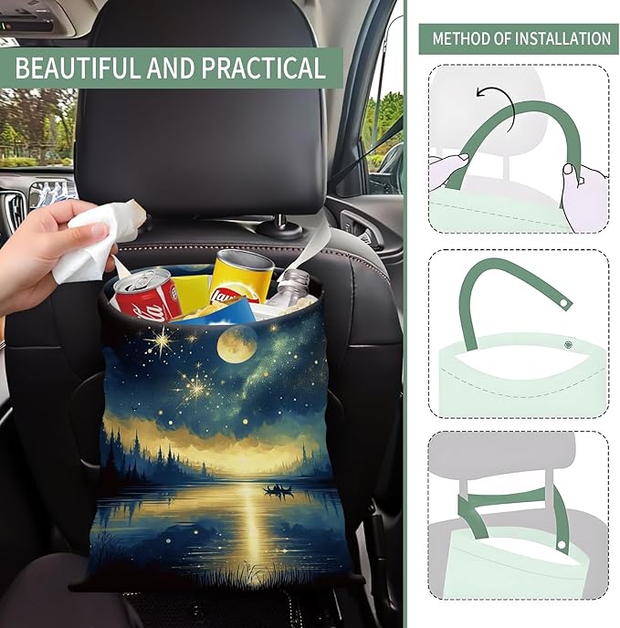 Cute Car Trash Can, Hanging Canvas Car Back Seat Organizer and Storage Bag, Funny Car Trash Bag for Travelling, Outdoor Night Lake Reflection Pattern