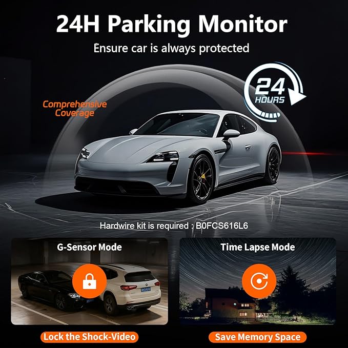 4 Channel Dash Cam Front and Rear Cabin, 360° Dash Camera ，Night Vision 8 IR Lamps Dash Camera for Cars, 5G WiFi for Download, G-Sensor, 24H/7 Parking Mode with 64GB Card,Support 256 GB Max