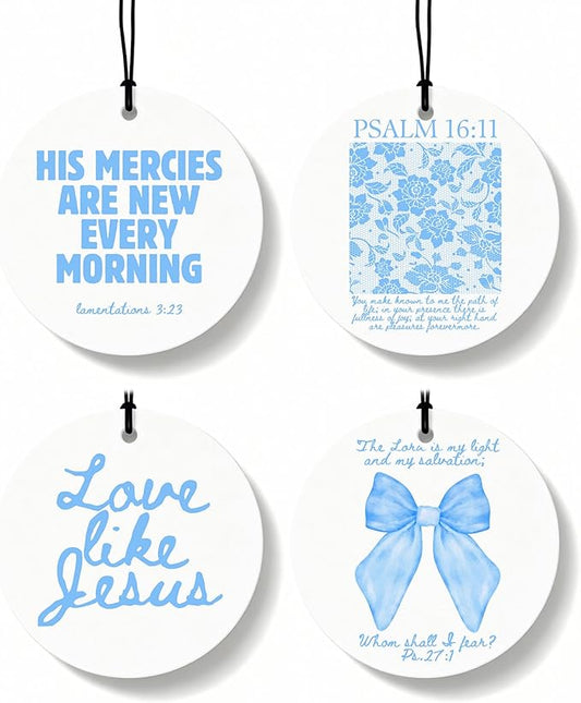 Blue Christian Round Car Air Freshener 4 Pcs, Girly Blue Bow Floral Religious Hanging Air Freshener for Cars Closet Drawer Books, Cute Preppy Christian Car Accessories Mirror Decor for Women
