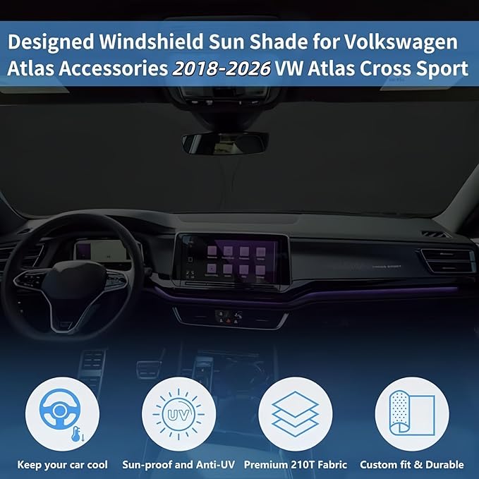 Windshield Sun Shade for VW Atlas Cross Sport Accessories Window Sunshade Fit 2018-2026 Volkswagen Atlas Front Window Shade Sun Visor Blocks UV Keep Car Cooler