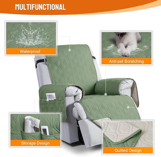 VANSOFY 100% Waterproof Recliner Chair Covers, Recliner Cover Non-Slip Dog Chair Cover Furniture Protector Washable Slipcover with Pocket, Elastic Straps for Pets, Dogs(Bean Green, 25")
