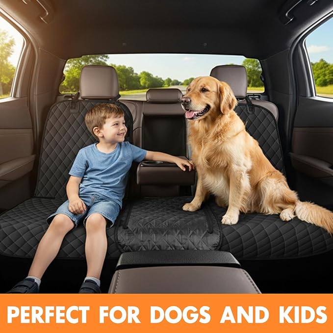 Dog Car Seat Cover for Back Seat - Waterproof, Non-Slip, Pet Bench Seat Covers, with 60/40 Split Bench Fit, Universal Size for Sedans, Trucks & SUVs, Machine Washable, Non-Stick Fur & Durable, S-Black