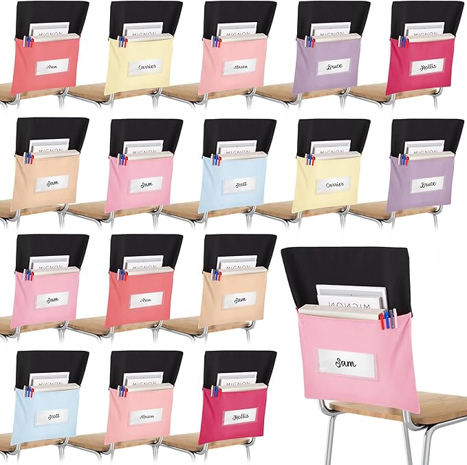 Chair Pockets for Classroom Chairback Pocket Chart 14 x 18 Inch Desk Organizer Pocket Chair Bag for Seat School Classroom(Classic,Pink,16 Pcs)