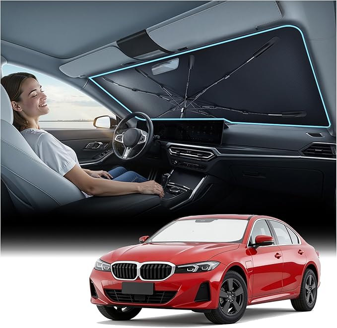 Nmoiss Windshield Sun Shade Umbrella for BMW - [Vinyl Coating Heat Shield] Protect Car from Sun Rays & Heat Damage Keep Cool and Protect Interior