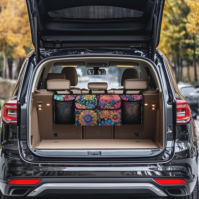 Hippie Boho Floral Blossoms Car Trunk Organizer Hanging Cargo Storage Bag for Grocery Cargo Organizer with 4 Compartments