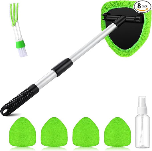 FoldTier 8 Pcs Car Windshield Cleaner Kits with Extendable Handle, 5 Microfiber Towel Pads, 1 Brush, 1 Empty Spray Bottle for Auto Glass Wiper Suvs Rvs & Home Windows (Green)