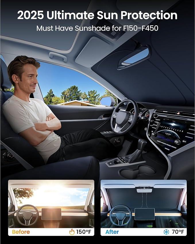REEVAA Upgraded for Ford F-150/F-250/F-350/F-450 Windshield Sunshade [Tailored Fit, 99% Sun Protection] Foldable Sun Shade Car Accessories with Storage Bag