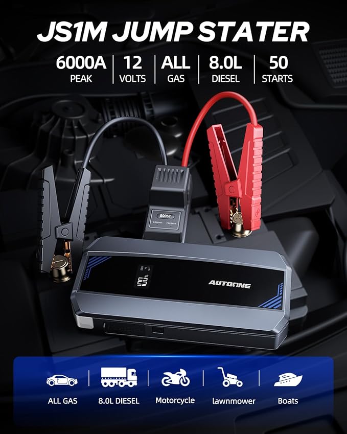 AUTOONE Car Jump Starter 6000A Battery Booster, Portable Battery Pack for All Gas 10L Diesel, 12V Jump Box with Smart Jumper Cable for Car Battery, Vehicle Lithium Starter, LCD Display, w/LED Light