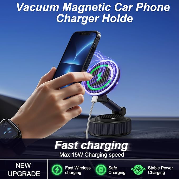 Magnetic Phone Charging Holder for Car - Upgraded 360° Vacuum Magnetic Phone Holder, Foldable Retractable Suction Cup Car Phone Mount for Magsafe for Your Car/Gym/Mirror Mount for iPhone & Android