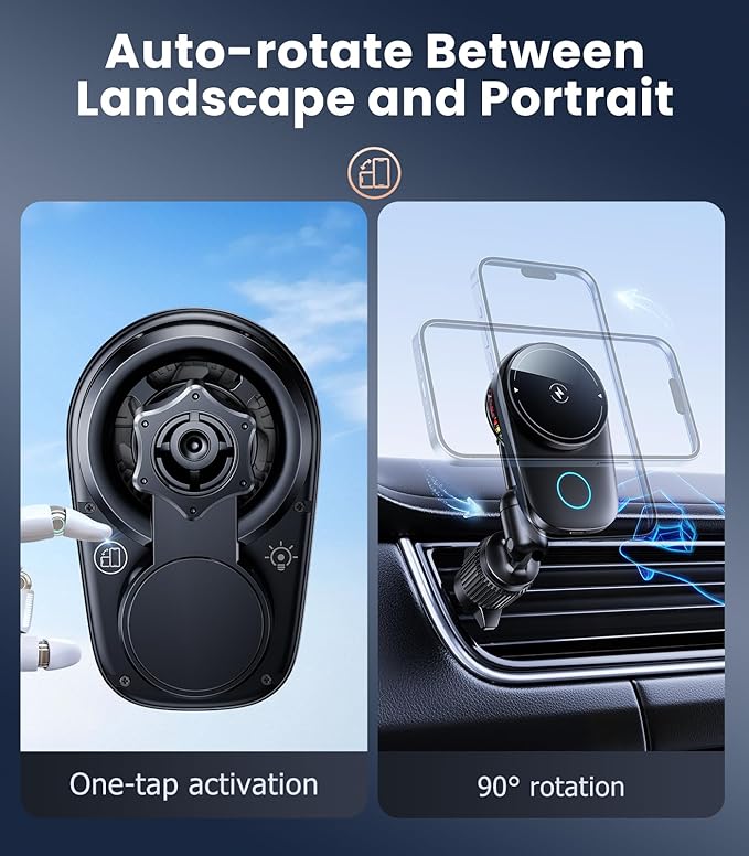 Long-arm Wireless Magnetic Car Phone Holder Mount with Cooling Fan & RGB Lights, 15W Fast Charging Auto-Rotate Charger for iPhone 17/16/15/14/13/12 S25 Samsung Google, Car Air Vent Mount