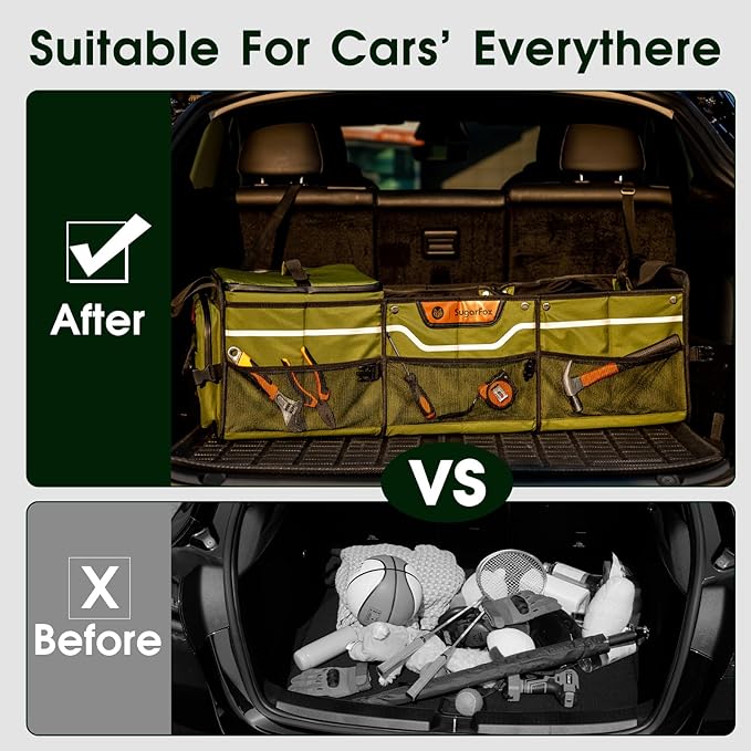 Car Trunk Organizer for SUV, Heavy Duty Waterproof Trunk Organizer, Foldable Collapsible Car Organizer with Cooler, Multi-Compartment Large Trunk Organizer (95L), Green-M003
