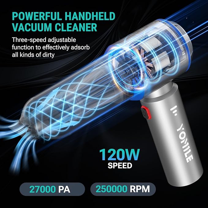 Yomile Mini Vacuum Cleaner, 2 in 1 27000PA Brushless Car Vacuum Air Duster 9000mAh Battery Air Blower Wireless Handheld Vacuum for Car,Office and Home