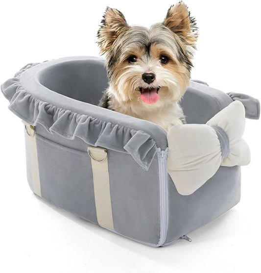 Jaoul Dog Car Seat for Small Dogs - Fully Detachable with Adjustable Straps Center Console Dog Booster Seat - Comfortable Bow Design Pet Car Seats - Portable Pet Booster Seat for Puppy, Cat (Gray)