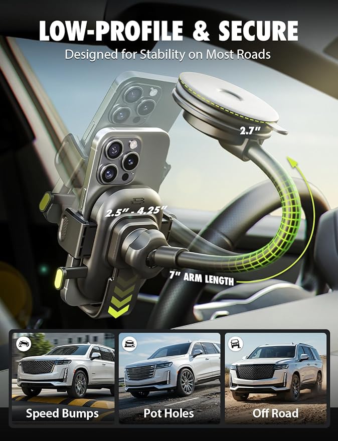 Bracketron OneClick Flexible Phone Holder for Car Dashboard,Windshield & Vent,3 in 1 Car Phone Holder with 7" Adjustable Gooseneck Arm,360 Rotation Car Phone Mount for All iPhone Android Smartphone.