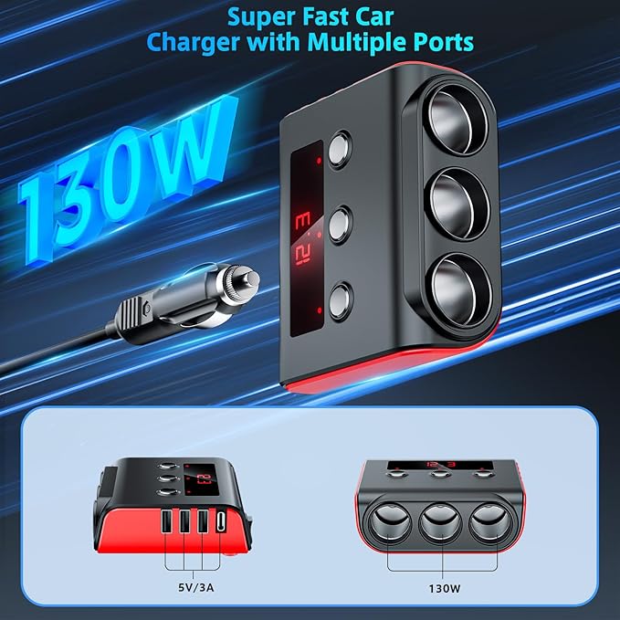 7 in 1 Cigarette Lighter Splitter, SONRU 3 Sockets Cigarette Lighter Splitter with PD Ports 3 Fast Charging USB Ports, 120W 12V/24V DC Independent Power Switches & LED Voltage Display