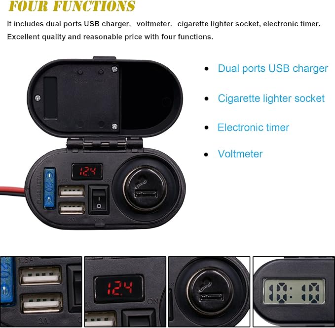 BlueFire 5V/3A Dual USB Charger Socket Waterproof Motorcycle Handlebar & Rear View Mirror Clamp Power Adapter Charger with Cigarette Lighter Socket, Voltmeter for Phones/Tablets/GPS (Black 1)
