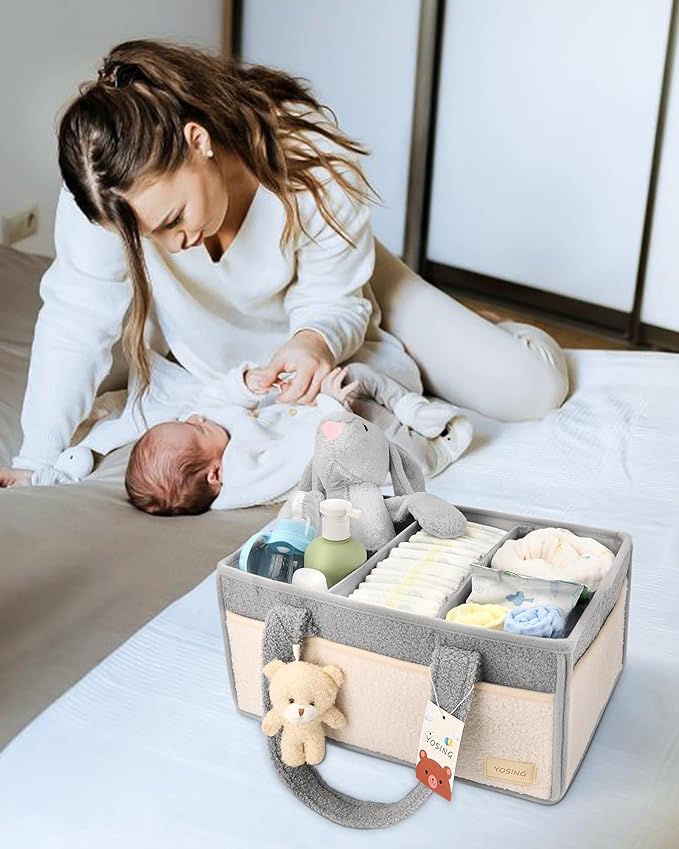YOSING Diaper Caddy Organizer for Changing Table, Newborn Caddy for Car Travel, Nursery Storage and Car Organizer for Diapers and Baby Wipes, Gray+ White