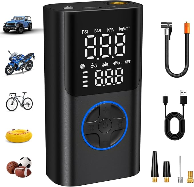 AIRSURE Tire Inflator Portable Air Compressor, 150PSI Fast Inflation Bike Pump with Gauge & USB Charging Output, Air Pump for Car, Bicycles, Motorcycles, Scooters & Balls