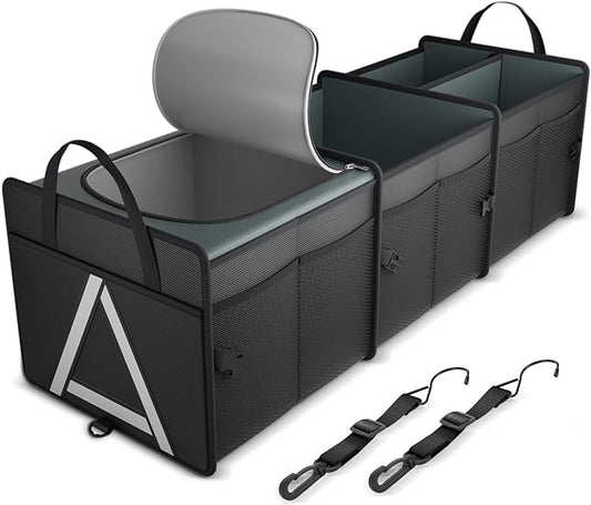 K KNODEL Sturdy Car Trunk Organizer with Premium Insulation Cooler Bag, 3 Compartments Heavy Duty Collapsible for Car, SUV, Truck, or Van (Large, Black)