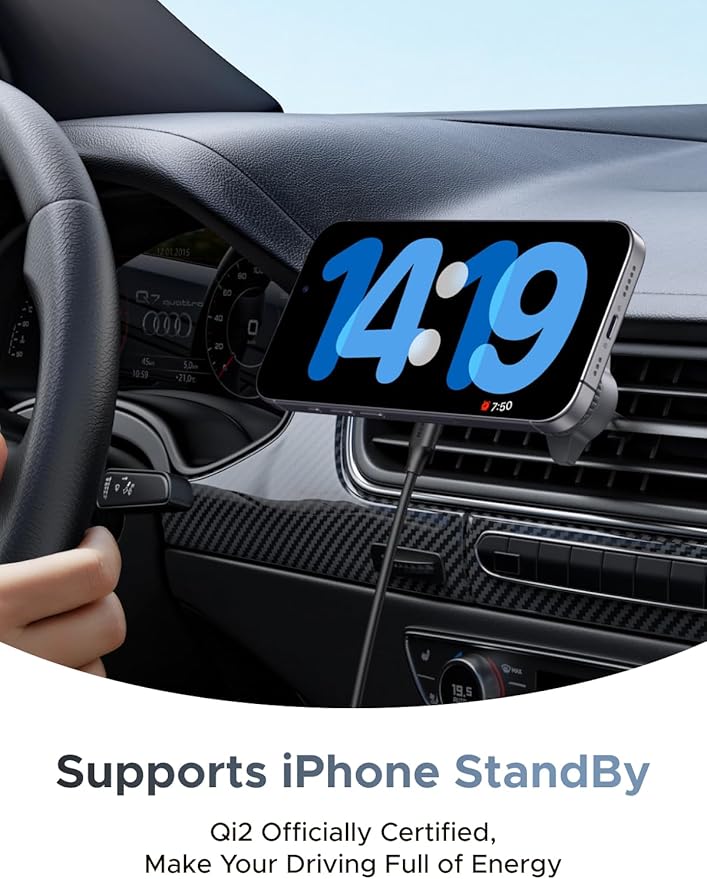 UGREEN 25W MagFlow Wireless Car Charger, MagSafe Qi2 Certified Fast Charging Cradle Mount for iPhone 17/16/15/14/13/12 Series, Air Vent Clip Secure Holder with USB-C Cable