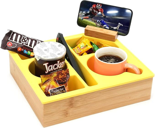 Couch Cup Holder Tray, Handy Silicone Bamboo Couch Caddy with Rotatable Phone Holder for Bed Car Seat Organizer, Waterproof Anti-Spill Couch Drink Holder for Snacks Beverage Remote (Yellow)