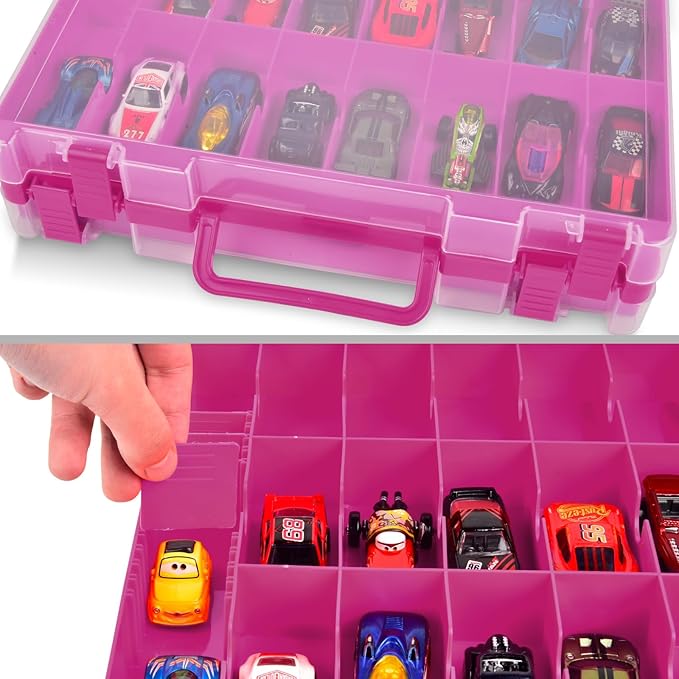 Double Sided Toy Storage Organizer Case for Hot Wheels Car, for Matchbox Cars, for Mini Toys, for Small Dolls. Carrying Box Container Carrier with 48 Compartments - Purple (Box Only)
