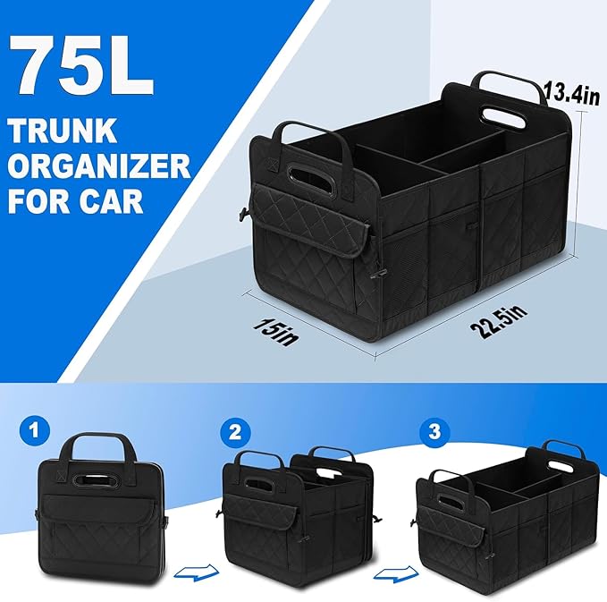 Car Trunk Organizer, 75L Large Capacity Waterproof Auto Storage with Non-Slip Bottom Strips, Collapsible Cargo Organizer for Suv, Truck, Sedan, Portable Car Accessories for Women Men(Black)
