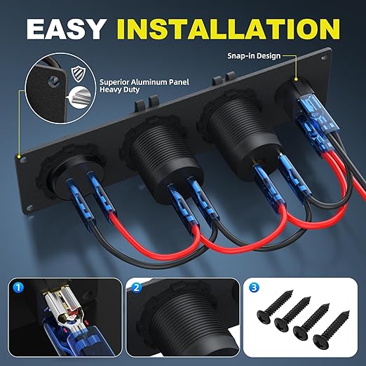 RVMARINEPAT 4 in 1 12V USB Panel with LED Voltmete & Dual USB Charger Socket Power & Cigarette Lighter Socket & Red LED Lighted Toggle Switch Panel for Boat Car RV Golf Cart ATV