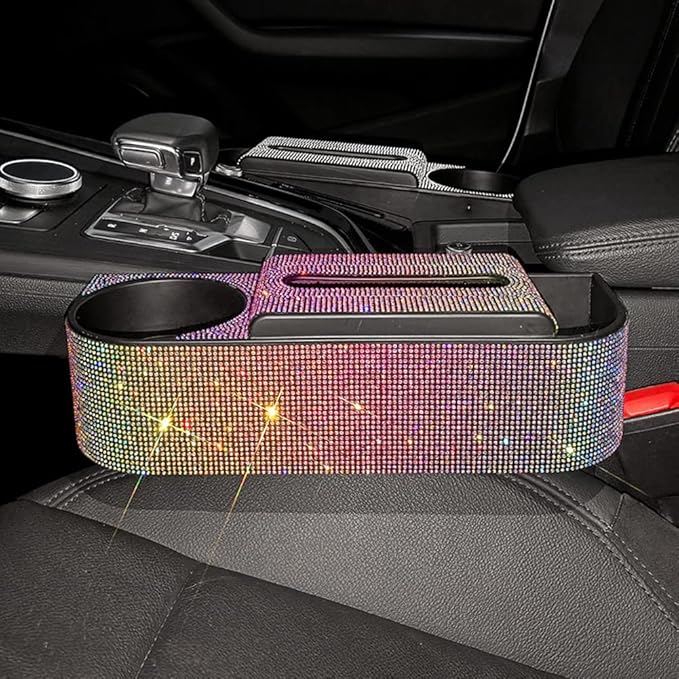 Bling Car Seat Gap Filler, Crystal Rhinestones Tissue Box Multifunctional Car Gap Organizer with Cup Holder, Bling Napkin Paper Dispenser Storage Case Car Interior Seat Gap Accessories