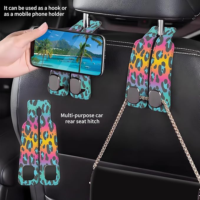 Car Seat Back Storage Headrest Hook, Premium Leather Double Metal Hook, Hanger Storage Organizer for Purse Cloth Bag, Car Interior Accessories Colorful Cute Leopard