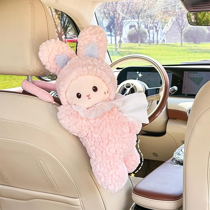 Car Tissue Holder Plush Animal Paper Towel Box Cute Rabbit Hanging Backseat Organizer for Cars Adorable Decorative Tissue Dispenser (Yellow Rabbit)