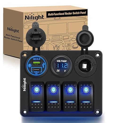 Nilight 4 Gang Rocker Switch Panel Waterproof Pre-Wired Aluminum with PD Type C and USB Cigarette Lighter Socket Voltmeter 12V 24V ON Off for Car Trucks Boats RVs