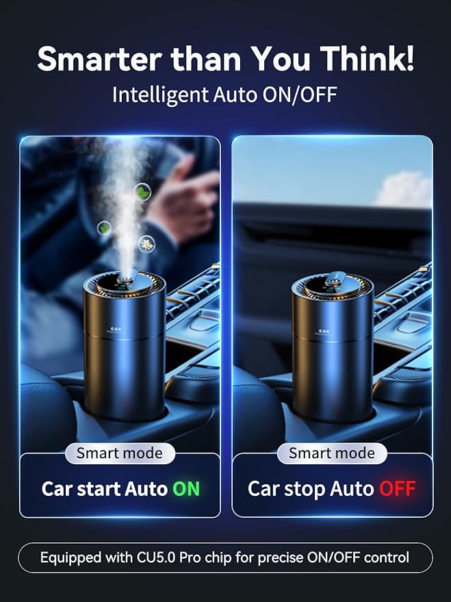 Ceeniu Smart Car Air Fresheners, New Smell Experience By Ultrasonic mist, Auto On/Off, Natural Fragrance Lasts for 4 Months, Adjustable, Built-in Battery Car freshener