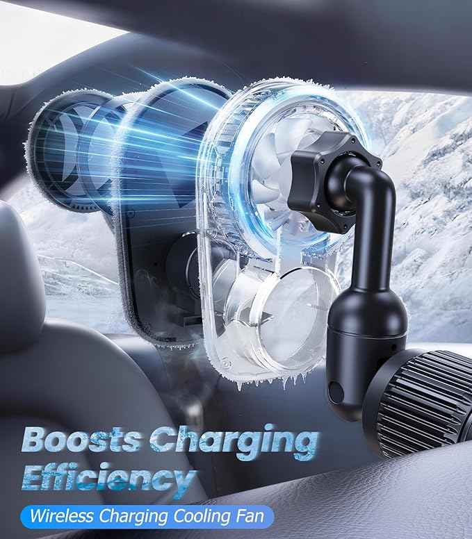 Long-arm Wireless Magnetic Car Phone Holder Mount with Cooling Fan & RGB Lights, 15W Fast Charging Auto-Rotate Charger for iPhone 17/16/15/14/13/12 S25 Samsung Google, Car Air Vent Mount