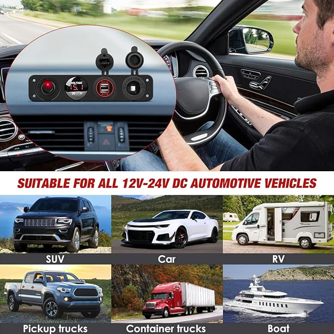 Nilight 4 in 1 ON/Off Charger Socket Panel Dual USB Power Outlet LED Voltmeter Cigarette Lighter Socket Lighted ON Off Rocker Toggle Switch for Truck Car Marine Boats RV,2 Years Warranty