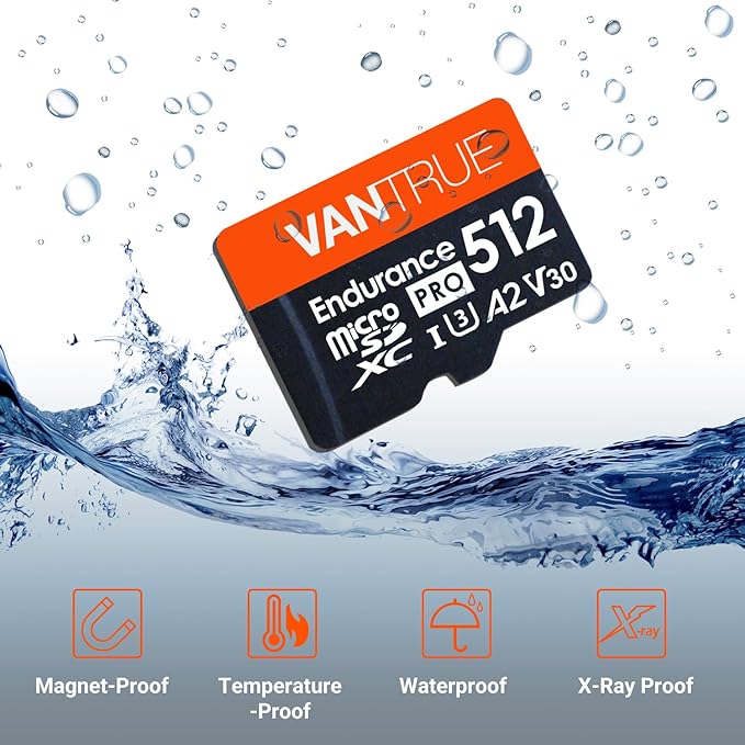 Vantrue 512GB microSDXC UHS-I U3 4K UHD Video High Speed Transfer Monitoring SD Card with Adapter for Dash Cams, Body Cams, Action Camera, Surveillance & Security Cams